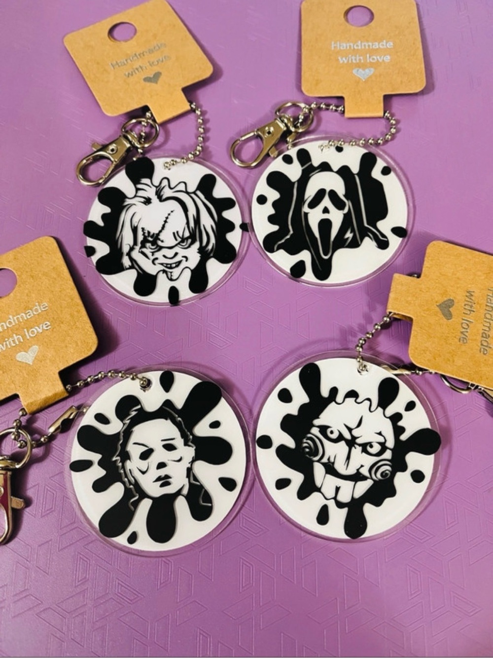 Handmade Black & White Horror Character Keychain - Set of 4 - Picture 1 of 1
